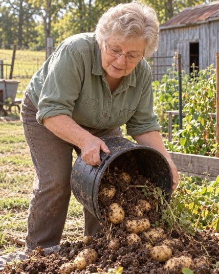 Ruth tipping potatoes out of a bucket