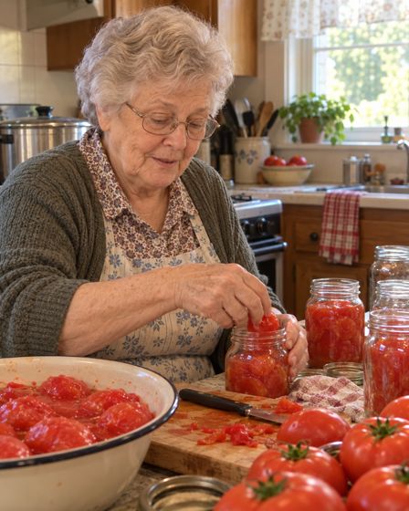 Ruth canning tomatoes in her kitchen