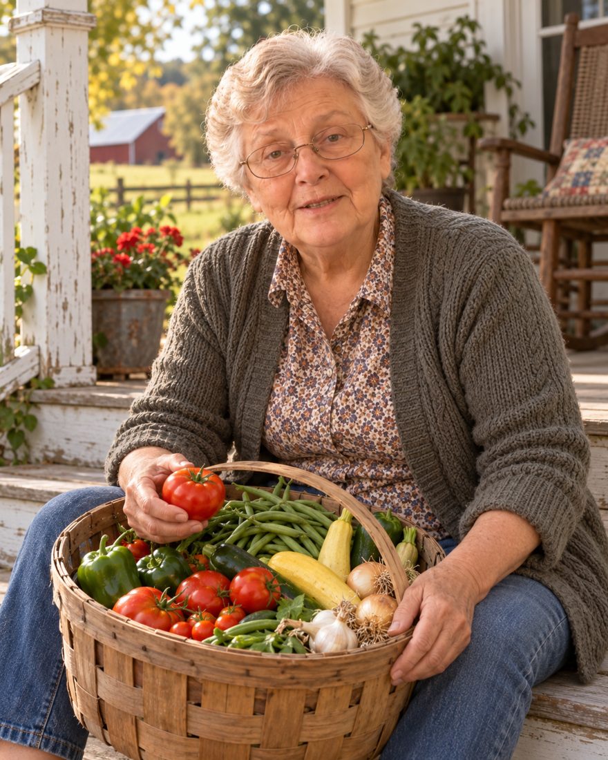 Ruth on her porch with a basket of vegetables