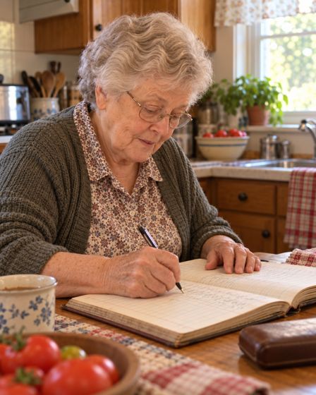 Ruth writing in her garden ledger at the kitchen table