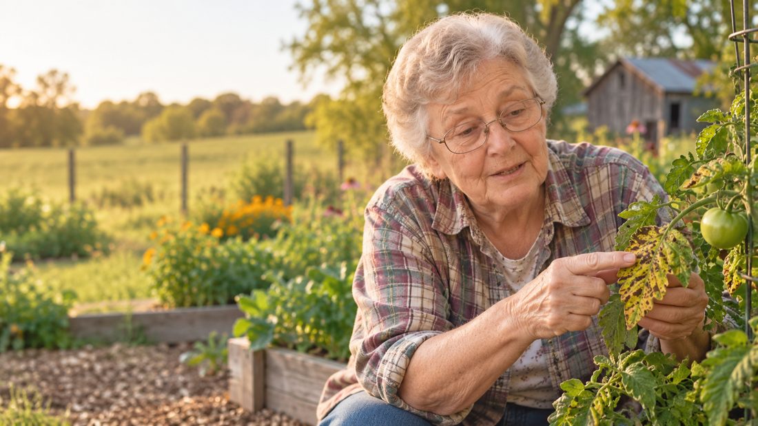 Ruth pointing at a yellowed tomato leaf