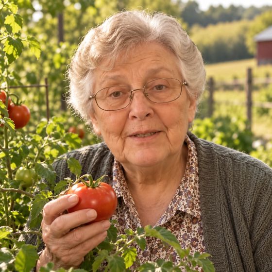 Ruth Calloway in her garden holding a tomato