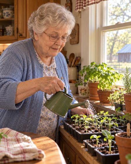 Ruth watering seedlings on a windowsill