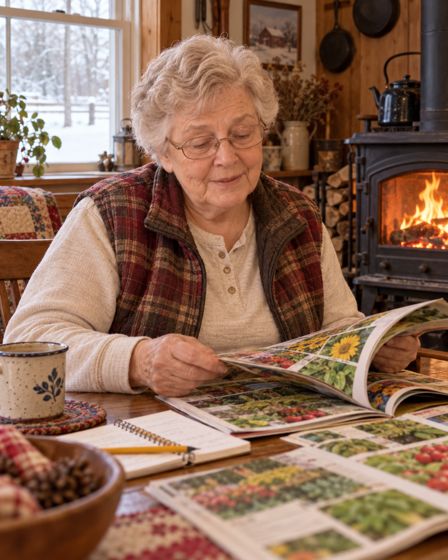 Ruth reading seed catalogs by the wood stove